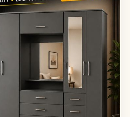 Grey three piece bedroom set with wardrobe, chest of drawers and bedside table