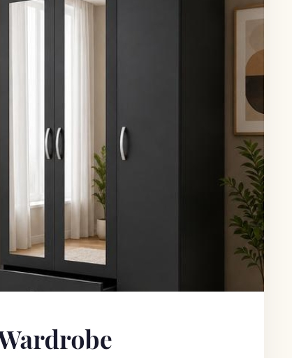 Wardrobeee black three-door wardrobe with mirror panels in a styled bedroom